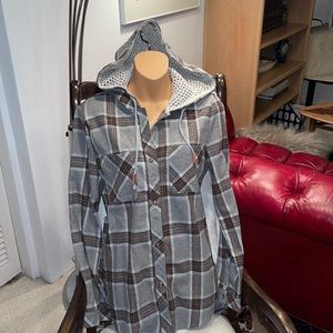 Mystree plaid hoodie button down long sleeve shirt